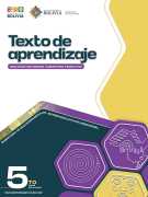 Portada del Texto de aprendizaje de 5to de Secundaria: título sobre fondo blanco y hexágonos de colores amarillo y violeta sobre un fondo verde azulado oscuro, con el número 5to