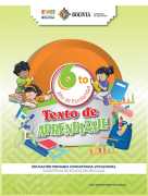 Portada del Texto de aprendizaje de 6to de Primaria: ilustración de niñas y niños con útiles escolares alrededor del número 6to sobre fondo verde claro