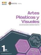Portada del texto de Artes Plásticas y Visuales de 1ro de Secundaria: el nombre del área sobre fondo blanco y hexágonos de color lila sobre un fondo verde azulado oscuro, con el número 1ro