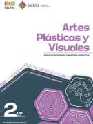 Portada del texto de Artes Plásticas y Visuales de 2do de Secundaria: el nombre del área sobre fondo blanco y hexágonos de color lila sobre un fondo verde azulado oscuro, con el número 2do