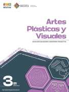 Portada del texto de Artes Plásticas y Visuales de 3ro de Secundaria: el nombre del área sobre fondo blanco y hexágonos de color lila sobre un fondo verde azulado oscuro, con el número 3ro