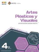 Portada del texto de Artes Plásticas y Visuales de 4to de Secundaria: el nombre del área sobre fondo blanco y hexágonos de color lila sobre un fondo verde azulado oscuro, con el número 4to