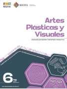 Portada del texto de Artes Plásticas y Visuales de 6to de Secundaria: el nombre del área sobre fondo blanco y hexágonos de color lila sobre un fondo verde azulado oscuro, con el número 6to