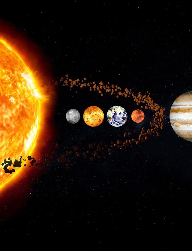 Imagen de portada del Texto del Estudiante de Ciencias Naturales 3° Básico: el Sol y los planetas del sistema solar alineados sobre un fondo negro