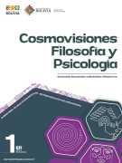 Portada del texto de Cosmovisiones, Filosofía y Psicología de 1ro de Secundaria: el nombre del área sobre fondo blanco y hexágonos de color magenta sobre un fondo verde azulado oscuro, con el número 1ro