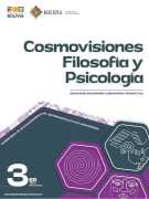 Portada del texto de Cosmovisiones, Filosofía y Psicología de 3ro de Secundaria: el nombre del área sobre fondo blanco y hexágonos de color magenta sobre un fondo verde azulado oscuro, con el número 3ro