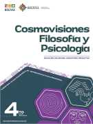 Portada del texto de Cosmovisiones, Filosofía y Psicología de 4to de Secundaria: el nombre del área sobre fondo blanco y hexágonos de color magenta sobre un fondo verde azulado oscuro, con el número 4to