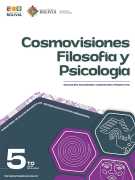 Portada del texto de Cosmovisiones, Filosofía y Psicología de 5to de Secundaria: el nombre del área sobre fondo blanco y hexágonos de color magenta sobre un fondo verde azulado oscuro, con el número 5to