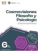 Portada del texto de Cosmovisiones, Filosofía y Psicología de 6to de Secundaria: el nombre del área sobre fondo blanco y hexágonos de color magenta sobre un fondo verde azulado oscuro, con el número 6to