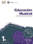 Portada del texto de Educación Musical de 1ro de Secundaria: el nombre del área sobre fondo blanco y hexágonos de color violeta oscuro sobre un fondo verde azulado oscuro, con el número 1ro