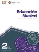 Portada del texto de Educación Musical de 2do de Secundaria: el nombre del área sobre fondo blanco y hexágonos de color violeta oscuro sobre un fondo verde azulado oscuro, con el número 2do
