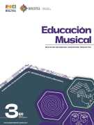 Portada del texto de Educación Musical de 3ro de Secundaria: el nombre del área sobre fondo blanco y hexágonos de color violeta oscuro sobre un fondo verde azulado oscuro, con el número 3ro