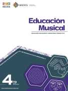 Portada del texto de Educación Musical de 4to de Secundaria: el nombre del área sobre fondo blanco y hexágonos de color violeta oscuro sobre un fondo verde azulado oscuro, con el número 4to