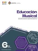 Portada del texto de Educación Musical de 6to de Secundaria: el nombre del área sobre fondo blanco y hexágonos de color violeta oscuro sobre un fondo verde azulado oscuro, con el número 6to