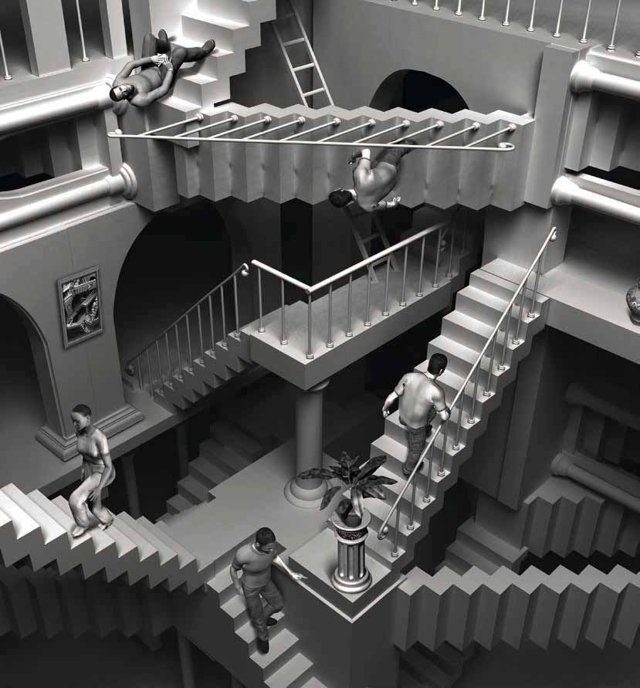Imagen de portada del Texto del Estudiante de Filosofía 3° y 4° Medio: una escalera imposible, en blanco y negro, con figuras humanas subiendo y bajando