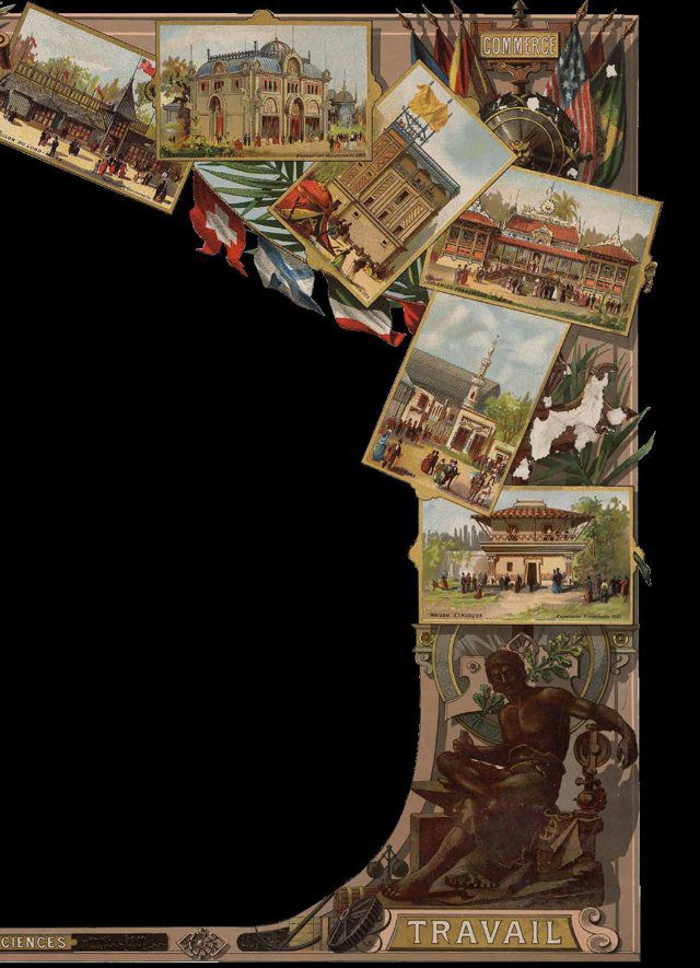 Imagen de portada del Texto del Estudiante de Historia 1° Medio: postales antiguas ilustradas de exposiciones universales sobre fondo negro