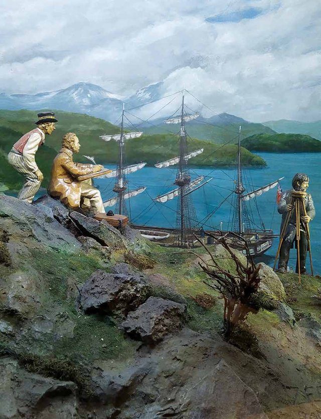 Imagen de portada del Texto del Estudiante de Historia 6° Básico: una escena con figuras de hombres junto a un barco de vela en una bahía rodeada de montañas