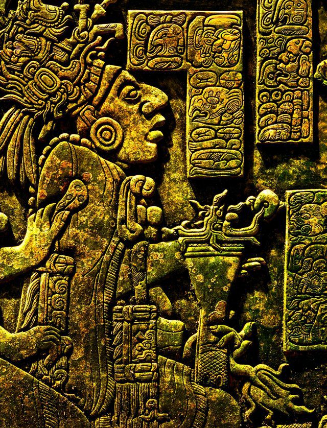 Imagen de portada del Texto del Estudiante de Historia 7° Básico: un relieve maya con una figura y glifos