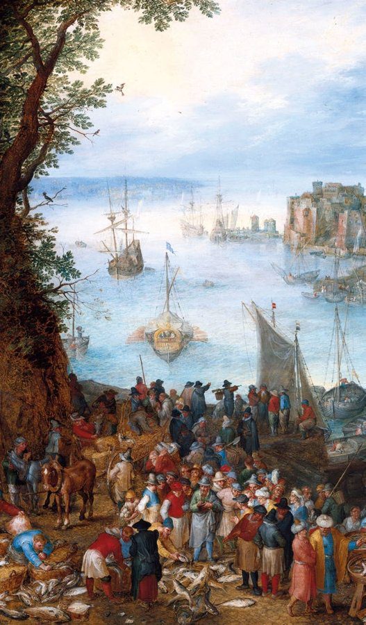 Imagen de portada del Texto del Estudiante de Historia 8° Básico: una pintura antigua de un puerto con barcos y muchas personas en la orilla