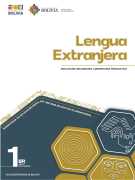 Portada del texto de Lengua Extranjera (Inglés) de 1ro de Secundaria: el nombre del área sobre fondo blanco y hexágonos de color dorado sobre un fondo verde azulado oscuro, con el número 1ro