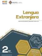 Portada del texto de Lengua Extranjera (Inglés) de 2do de Secundaria: el nombre del área sobre fondo blanco y hexágonos de color dorado sobre un fondo verde azulado oscuro, con el número 2do
