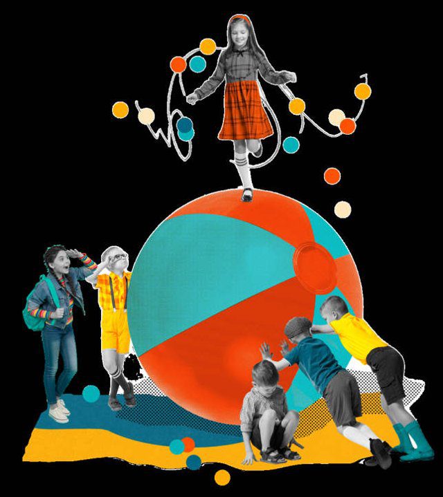 Imagen de portada del Texto del Estudiante de Inglés 3° Básico: un collage de niñas y niños que empujan un gran balón de playa sobre fondo negro