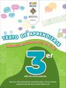 Portada del Texto de aprendizaje de Lengua Extranjera (Inglés) de 3ro de Primaria: burbujas de diálogo con palabras en inglés sobre una colina verde y el número 3ro
