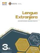 Portada del texto de Lengua Extranjera (Inglés) de 3ro de Secundaria: el nombre del área sobre fondo blanco y hexágonos de color dorado sobre un fondo verde azulado oscuro, con el número 3ro