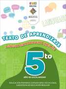 Portada del Texto de aprendizaje de Lengua Extranjera (Inglés) de 5to de Primaria: burbujas de diálogo con palabras en inglés sobre una colina verde y el número 5to
