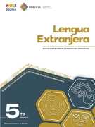 Portada del texto de Lengua Extranjera (Inglés) de 5to de Secundaria: el nombre del área sobre fondo blanco y hexágonos de color dorado sobre un fondo verde azulado oscuro, con el número 5to