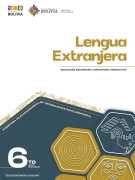 Portada del texto de Lengua Extranjera (Inglés) de 6to de Secundaria: el nombre del área sobre fondo blanco y hexágonos de color dorado sobre un fondo verde azulado oscuro, con el número 6to