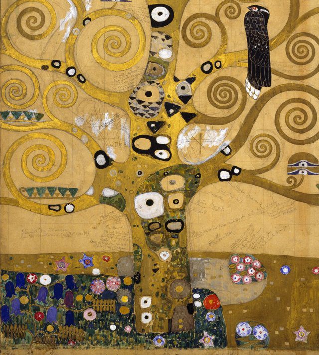 Imagen de portada del Texto del Estudiante de Lengua y Literatura 8° Básico: una pintura de un árbol con espirales dorados