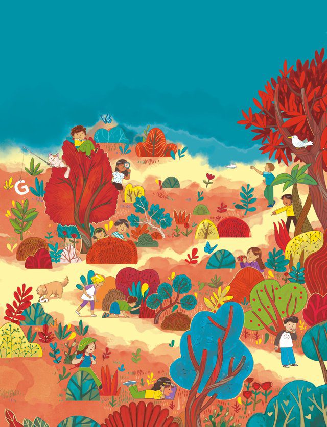 Imagen de portada del Texto del Estudiante de Lenguaje 1° Básico: una ilustración colorida de niñas y niños leyendo y jugando entre árboles rojos y plantas, con el mar al fondo
