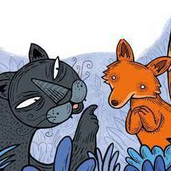 Imagen de portada del Texto del Estudiante de Lenguaje 3° Básico: un dibujo de un gato negro y un zorro naranja entre plantas azules