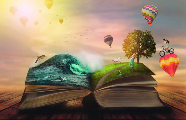 Imagen de portada del Texto del Estudiante de Lenguaje 6° Básico: un libro abierto del que salen un mar, un árbol y globos aerostáticos