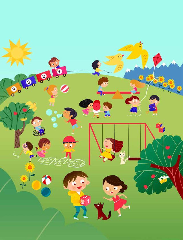 Imagen de portada del Texto del Estudiante de Matemática 1° Básico: una ilustración de niñas y niños que juegan en un parque con columpios, un tren de números y un sol