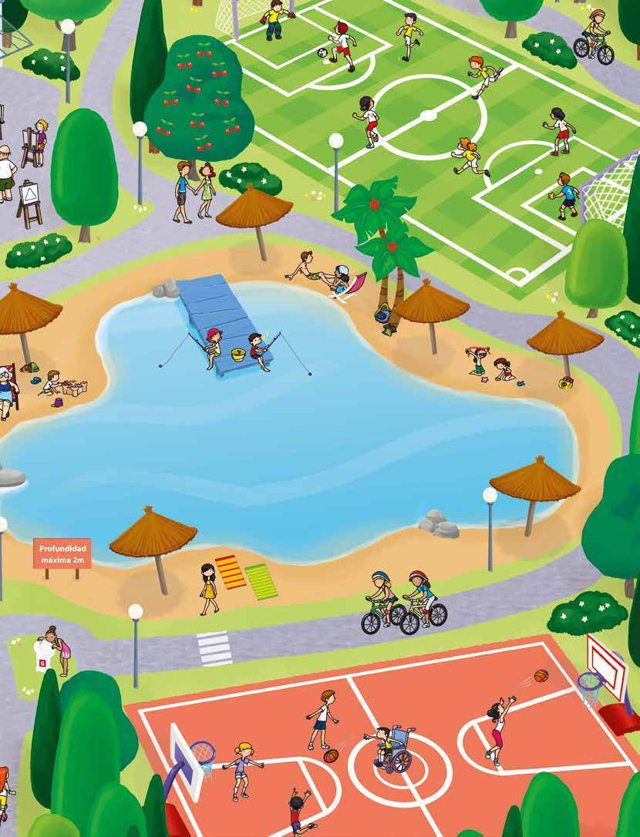 Imagen de portada del Texto del Estudiante de Matemática 2° Básico: una ilustración vista desde arriba de un parque con laguna, canchas deportivas y personas que juegan