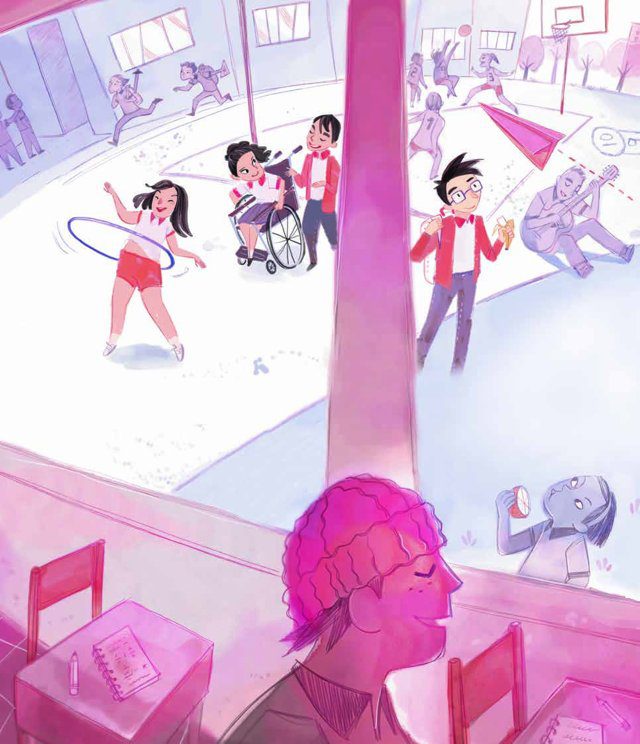 Imagen de portada del Texto del Estudiante de Matemática 4° Básico: una ilustración de niñas y niños en un patio de colegio, con un niño de gorro rosado en primer plano