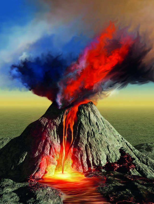 Imagen de portada del Texto del Estudiante de Química 1° y 2° Medio: un volcán en erupción con lava roja y humo azul