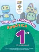 Portada del Texto de aprendizaje de Robótica de 1ro de Primaria: dos robots de dibujos animados sobre una colina verde y el número 1ro