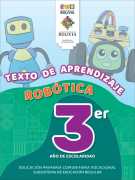 Portada del Texto de aprendizaje de Robótica de 3ro de Primaria: dos robots de dibujos animados sobre una colina verde y el número 3ro