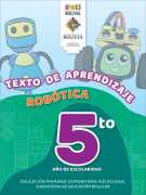 Portada del Texto de aprendizaje de Robótica de 5to de Primaria: dos robots de dibujos animados sobre una colina verde y el número 5to