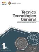 Portada del texto de Técnica Tecnológica General de 1ro de Secundaria: el nombre del área sobre fondo blanco y hexágonos de color gris sobre un fondo verde azulado oscuro, con el número 1ro