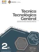 Portada del texto de Técnica Tecnológica General de 2do de Secundaria: el nombre del área sobre fondo blanco y hexágonos de color gris sobre un fondo verde azulado oscuro, con el número 2do
