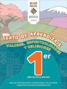 Portada del Texto de aprendizaje de Valores, Espiritualidades y Religiones de 1ro de Primaria: un paisaje andino con campos de cultivo, un árbol en flor y una montaña nevada y el número 1ro