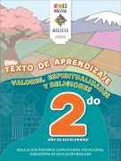 Portada del Texto de aprendizaje de Valores, Espiritualidades y Religiones de 2do de Primaria: un paisaje andino con campos de cultivo, un árbol en flor y una montaña nevada y el número 2do