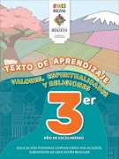 Portada del Texto de aprendizaje de Valores, Espiritualidades y Religiones de 3ro de Primaria: un paisaje andino con campos de cultivo, un árbol en flor y una montaña nevada y el número 3ro