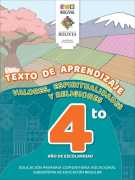 Portada del Texto de aprendizaje de Valores, Espiritualidades y Religiones de 4to de Primaria: un paisaje andino con campos de cultivo, un árbol en flor y una montaña nevada y el número 4to