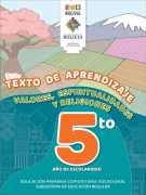 Portada del Texto de aprendizaje de Valores, Espiritualidades y Religiones de 5to de Primaria: un paisaje andino con campos de cultivo, un árbol en flor y una montaña nevada y el número 5to