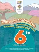 Portada del Texto de aprendizaje de Valores, Espiritualidades y Religiones de 6to de Primaria: un paisaje andino con campos de cultivo, un árbol en flor y una montaña nevada y el número 6to
